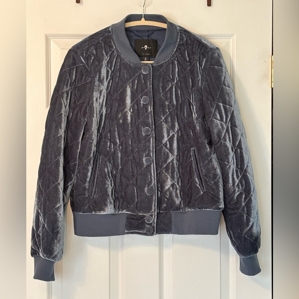 7 For All Mankind Blue Quilted Velvet Bomber Jacket Size M EUC